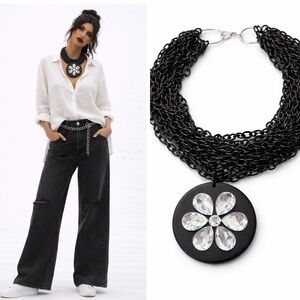 NWT Black Statement Chain Necklace w/ Rhinestone Floral Pendant – Handmade Boho